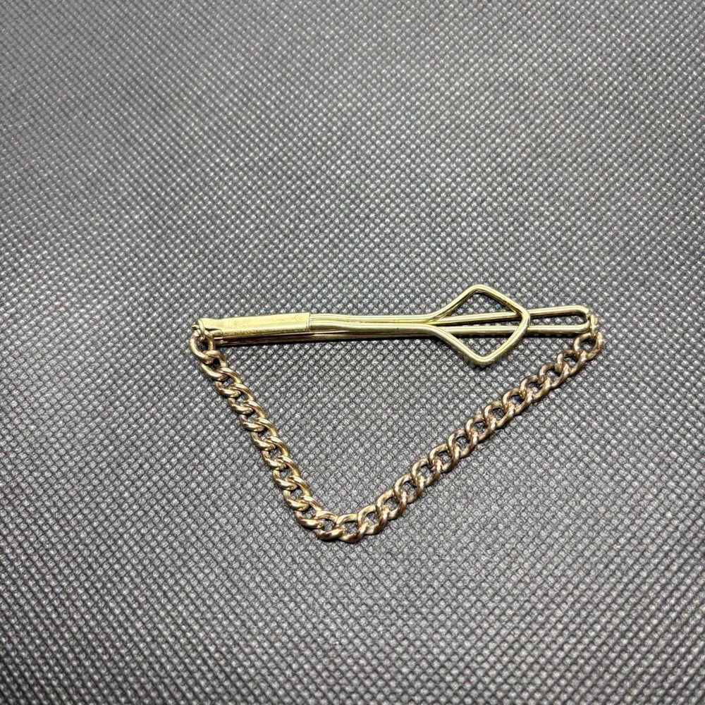 Vintage Gold Tone Tie Bar Clip with Safety Chain 1940s 1950s Menswear